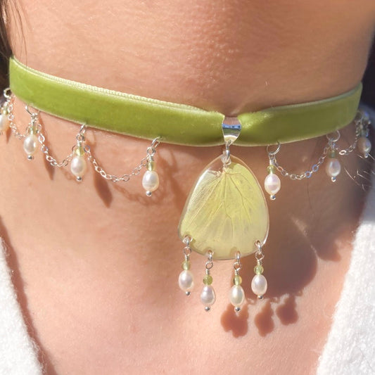 Yellow Emigrant Butterfly Choker with Pearl and Peridot